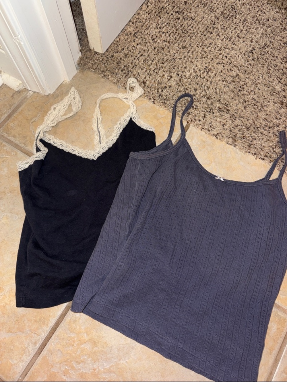 Two Brandy Melville Women's Spaghetti Strap Tank Navy with Cream Lace & Putplr